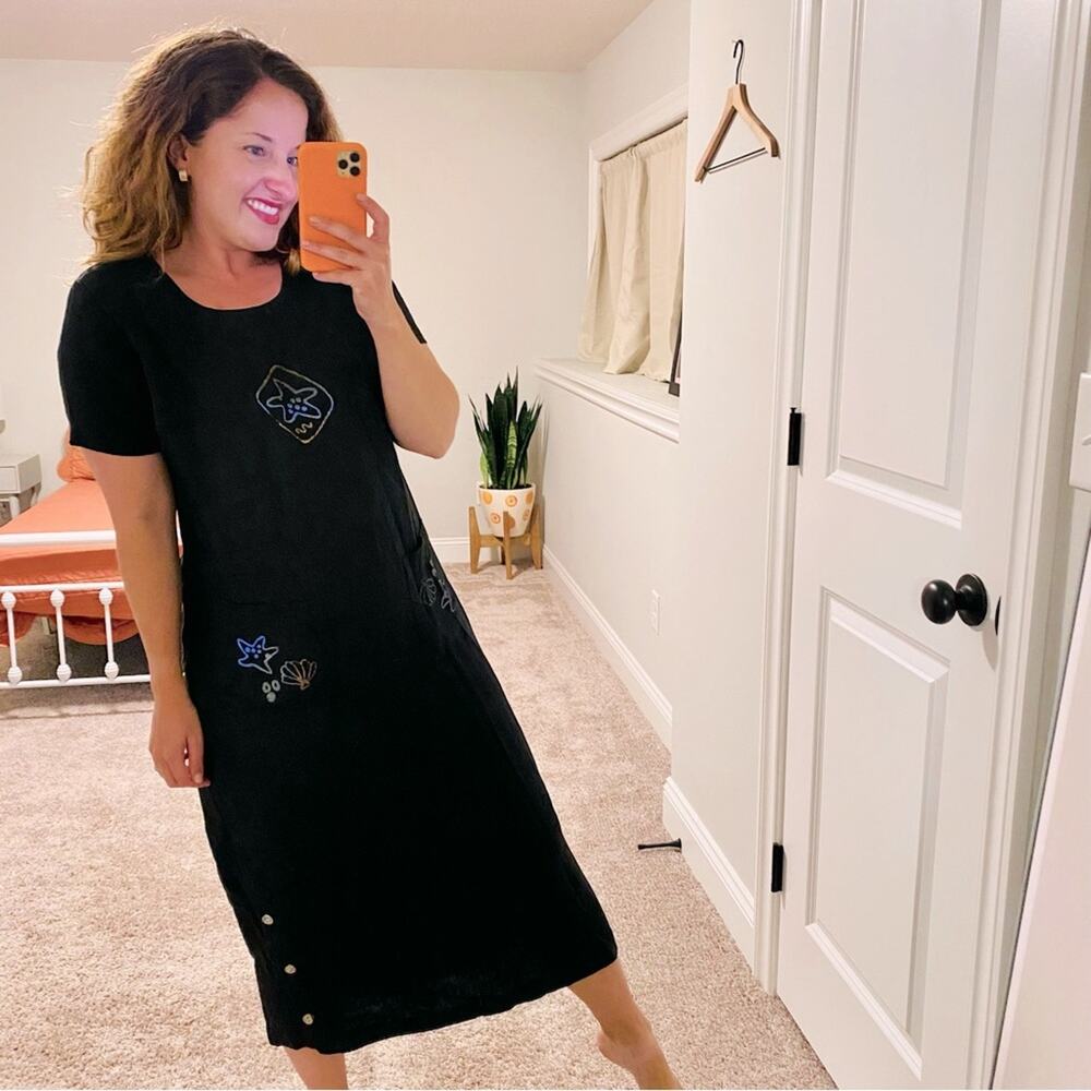 Vintage StudioEase Black Linen Starfish Maxi Dress S/M